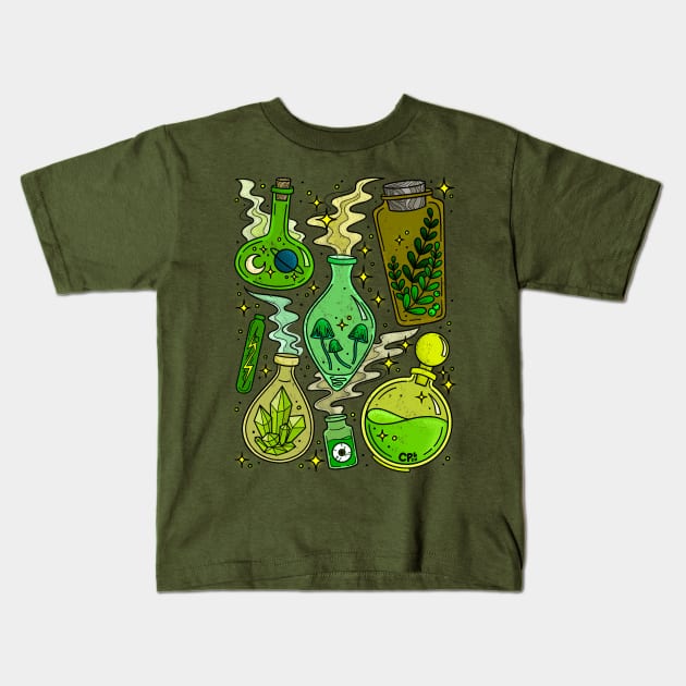 Witchy Potion Bottles Green Kids T-Shirt by Christine Parker & Co